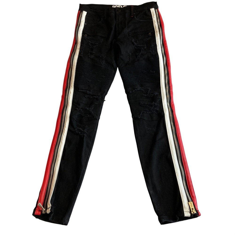 PREME Mens 32x32 Black Distressed Moto Skinny Jeans Red White Side Stripe Zipper